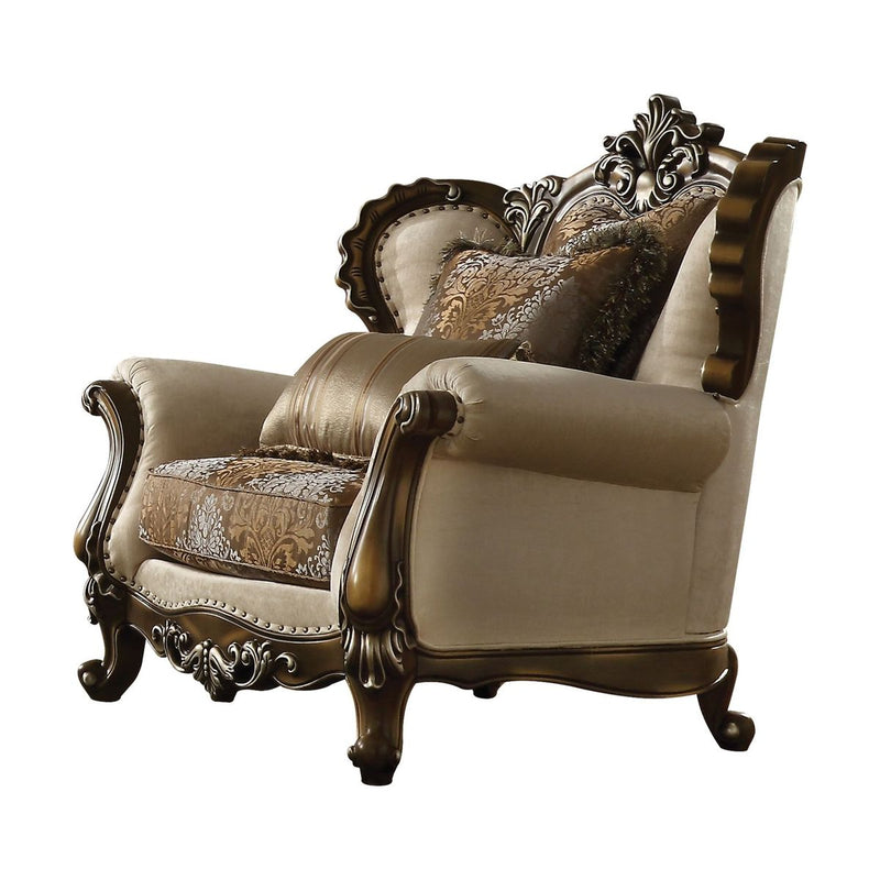 Chair & 2 Pillows in Tan, Pattern Fabric & Antique Oak