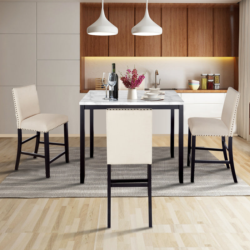 5 Piece Counter Height Faux Marble Modern Dining Set with Matching Chairs and Marble Veneer for Home, Beige