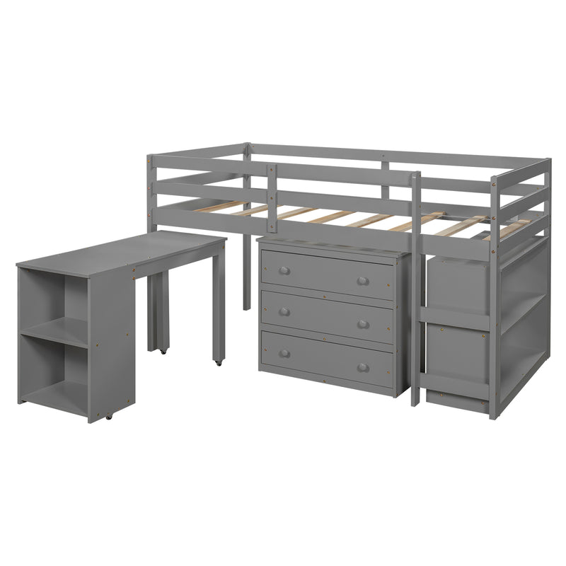 Low Study Twin Loft Bed with Cabinet and Rolling Portable Desk