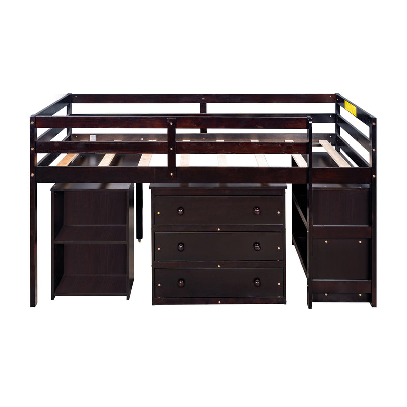 Low Study Twin Loft Bed with Cabinet and Rolling Portable Desk
