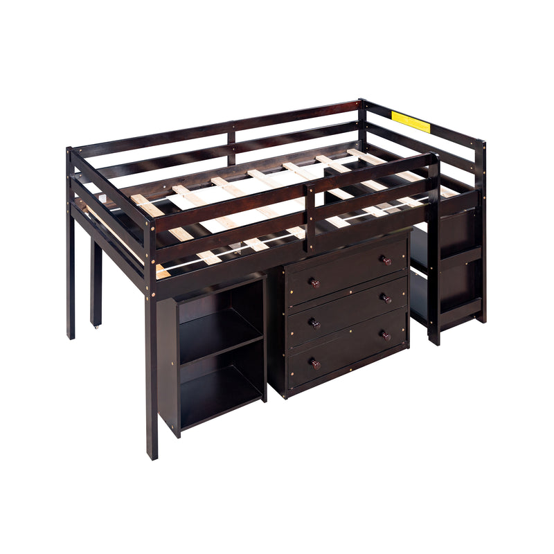 Low Study Twin Loft Bed with Cabinet and Rolling Portable Desk