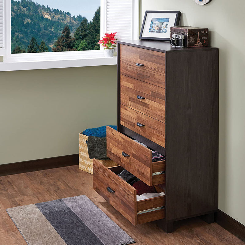 5 Drawers Chest Wood Cabinet in Walnut & Espresso