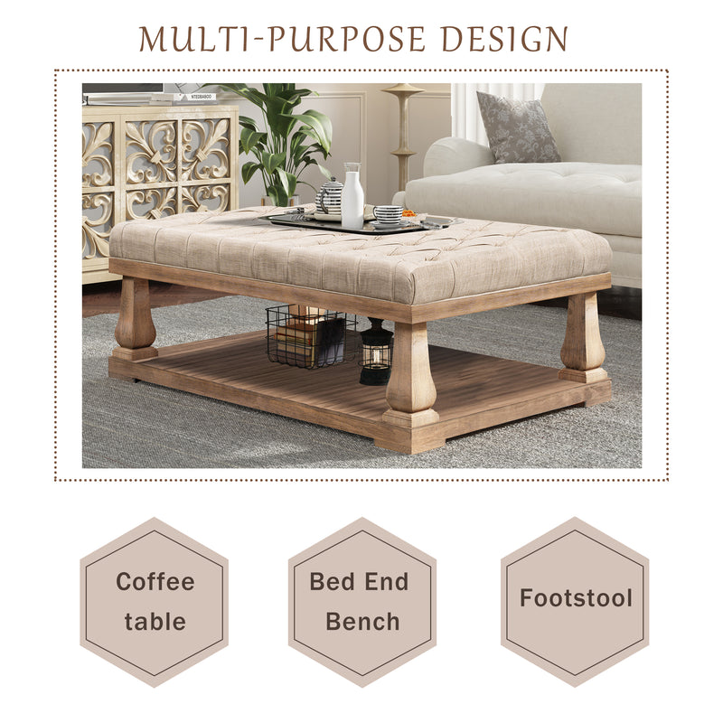 Upholstered Storage Bench with Wood Shelf, Bed End Bench with Padded Seat, Coffee table,End table, Hallway, Bedroom, Living Room（Beige）