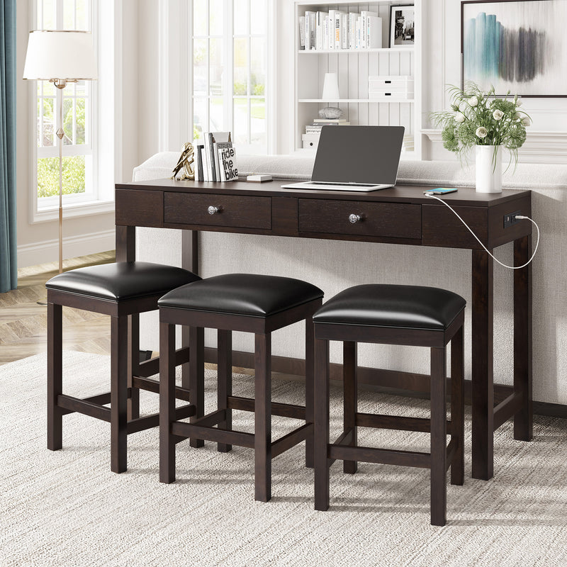 4-Piece Counter Height Table Set with Socket and Leather Padded Stools