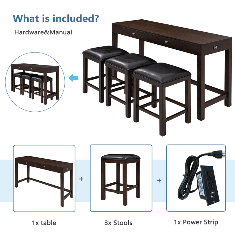 4-Piece Counter Height Table Set with Socket and Leather Padded Stools