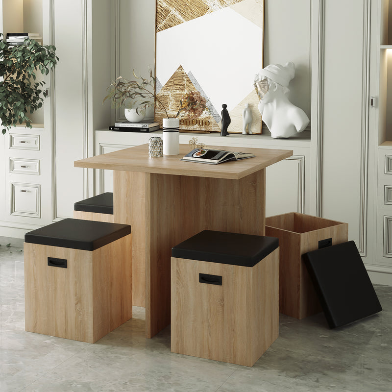 5-Piece Dining Set with Storage Ottoman, Faux Wood Table and 4 Ottomans, Beige