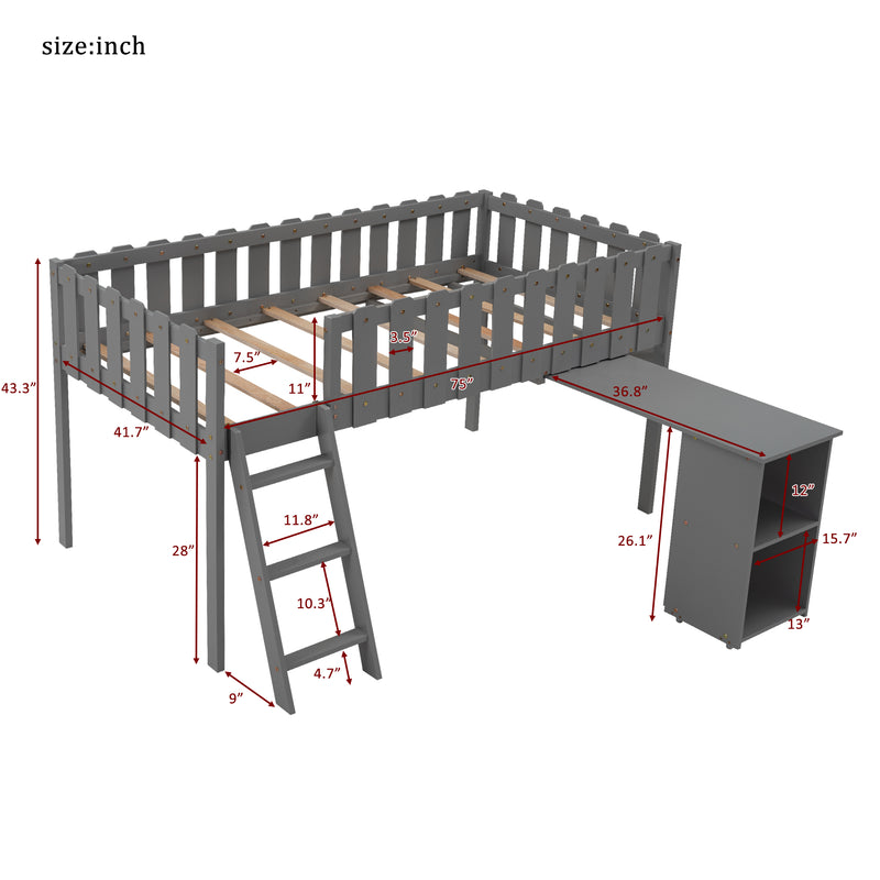 Twin Size Loft Bed with Desk and Cabinet