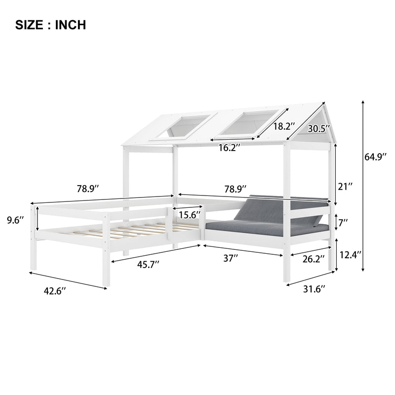 Twin Size House Bed with Relax Seat and Free Cushions( Mattress not included), House-Shaped Bed, White