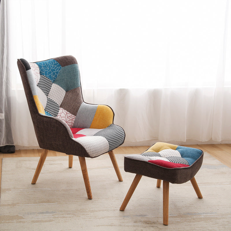 Chair and Ottoman, Accent Chairs for Bedroom, Modern Colourful and Patchwork Reading Chair with Solid Wood Legs, Linen Fabric Napping Armchair for Living Room
