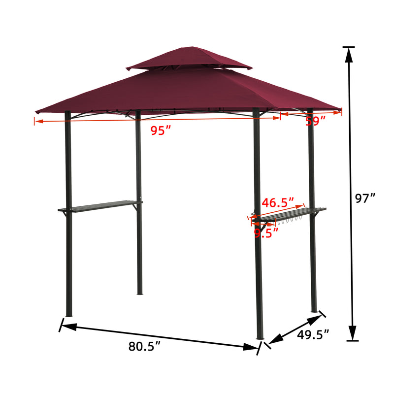 Outdoor Grill Gazebo With Light, 8 x 5 Ft Shelter Tent, Double Tier Soft Top Canopy And Steel Frame With Hook And Bar Counters, Burgundy