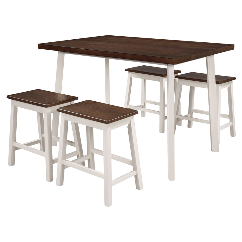 5-Piece Rustic Wood Kitchen Dining Table Set with 4 Stools for Small Places, Cherry+White