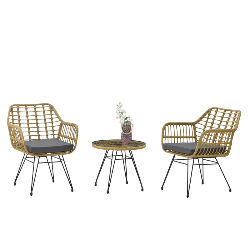 Modern Rattan Coffee Chair Table Set 3 PCS, Outdoor Furniture Rattan Chair,Garden Set（Two Chair + One Table）