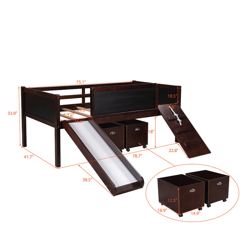 Twin size Loft Bed Wood Bed with Two Storage Boxes