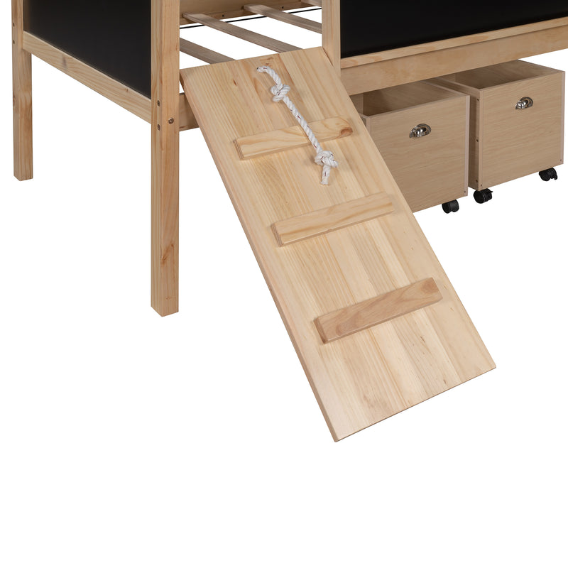 Twin size Loft Bed Wood Bed with Two Storage Boxes