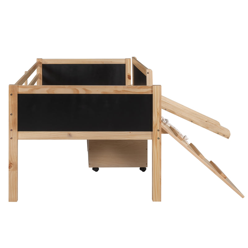 Twin size Loft Bed Wood Bed with Two Storage Boxes