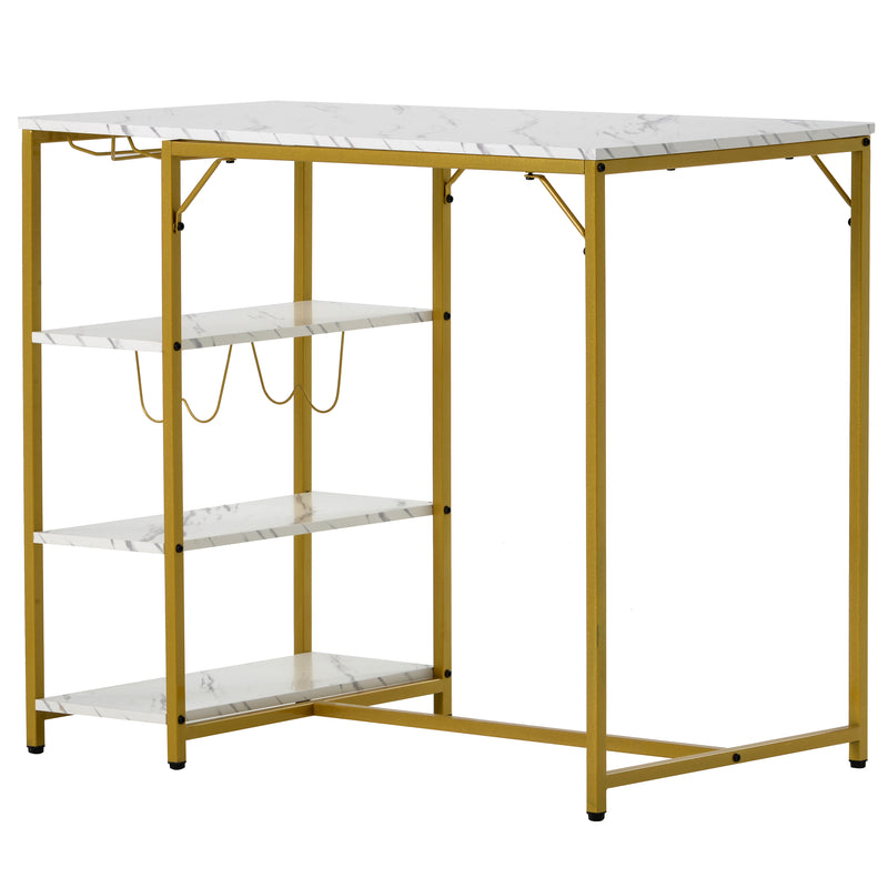 Counter Height 3-piece Bar Dining Table Set with 2 Upholstered Bar Stools/Chairs, 4 Glass Holders,2 Wine Racks and 3 Open Storage Shelves for Small Places, Faux Marble White+Golden Finish