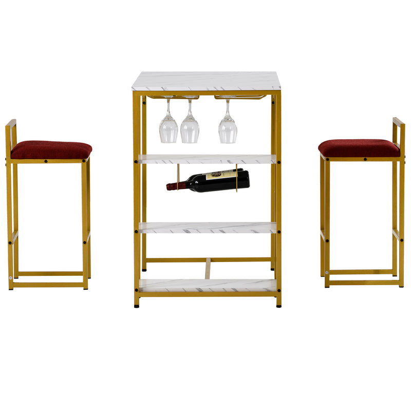 Counter Height 3-piece Bar Dining Table Set with 2 Upholstered Bar Stools/Chairs, 4 Glass Holders,2 Wine Racks and 3 Open Storage Shelves for Small Places, Faux Marble White+Golden Finish