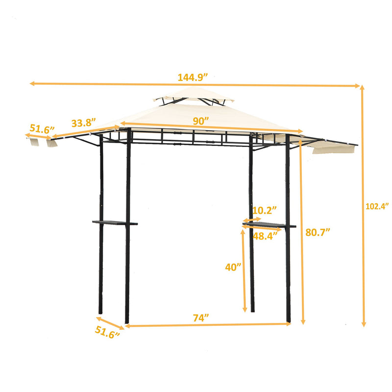 12Ft.Lx4.3Ft.W Steel Double Tiered Backyard Patio BBQ Grill Gazebo with Bar Counters, Beige