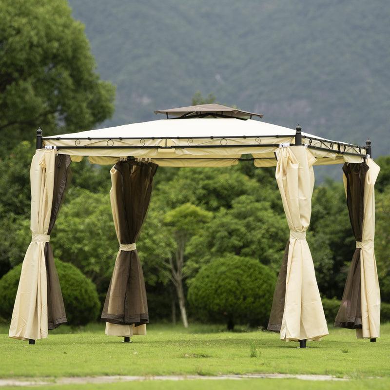 9.3ft.Lx9.3ft. WOutdoor Patio Gazebo with Mosquito nets and Polyester Curtains, Double Roofs for Decks, Poolsides, Gardens, Beige