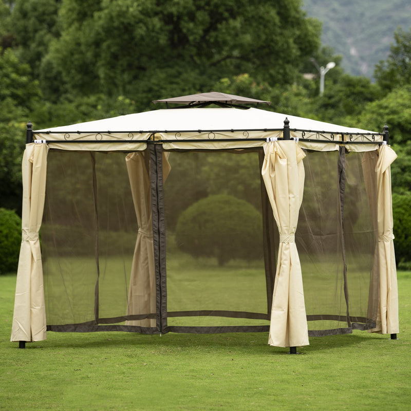 9.3ft.Lx9.3ft. WOutdoor Patio Gazebo with Mosquito nets and Polyester Curtains, Double Roofs for Decks, Poolsides, Gardens, Beige