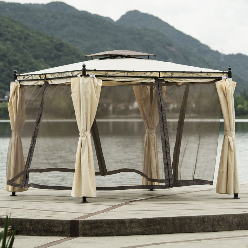 9.3ft.Lx9.3ft. WOutdoor Patio Gazebo with Mosquito nets and Polyester Curtains, Double Roofs for Decks, Poolsides, Gardens, Beige