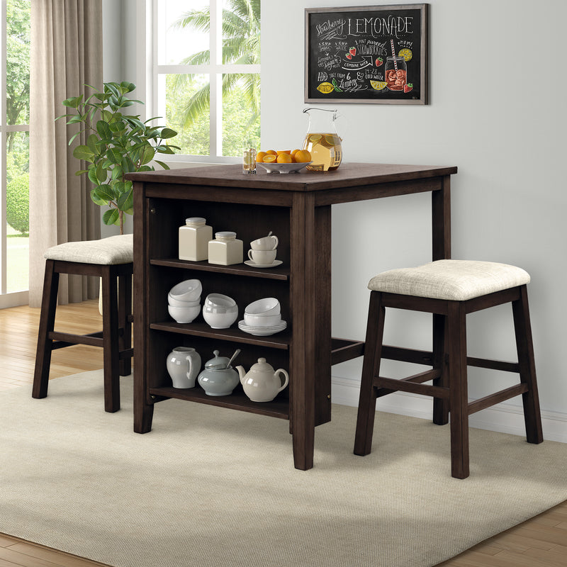 3 Piece Square Dining Table with Padded Stools, Table Set with Storage Shelf,Brown