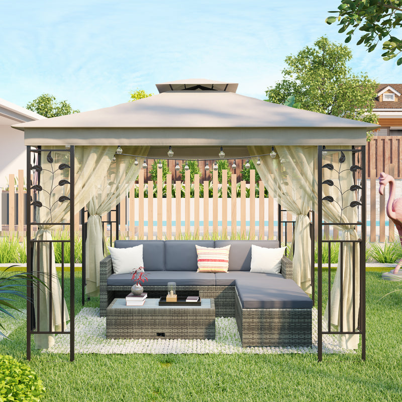 10Ft. Lx10Ft. W Outdoor Steel Vented Dome Top Patio Gazebo with Netting for Backyard, Poolside and Deck, Beige
