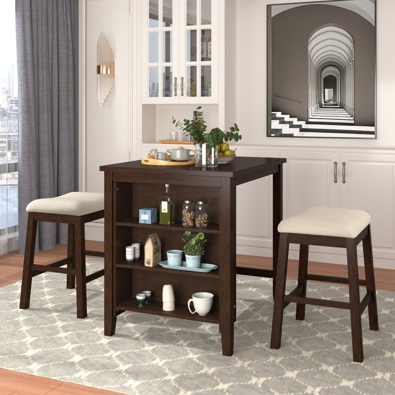 3 Piece Square Dining Table with Padded Stools, Table Set with Storage Shelf,Brown