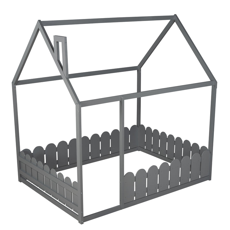 （Slats are not included)  Wood Bed House Bed Frame with Fence, for Kids, Teens, Girls, Boys