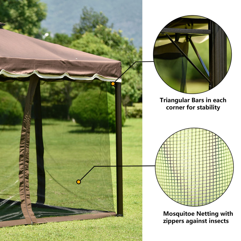 9.8Ft. Wx8.8Ft. H Outdoor Steel Vented Dome Top Patio Gazebo with Netting for Backyard, Poolside and Deck, Brown