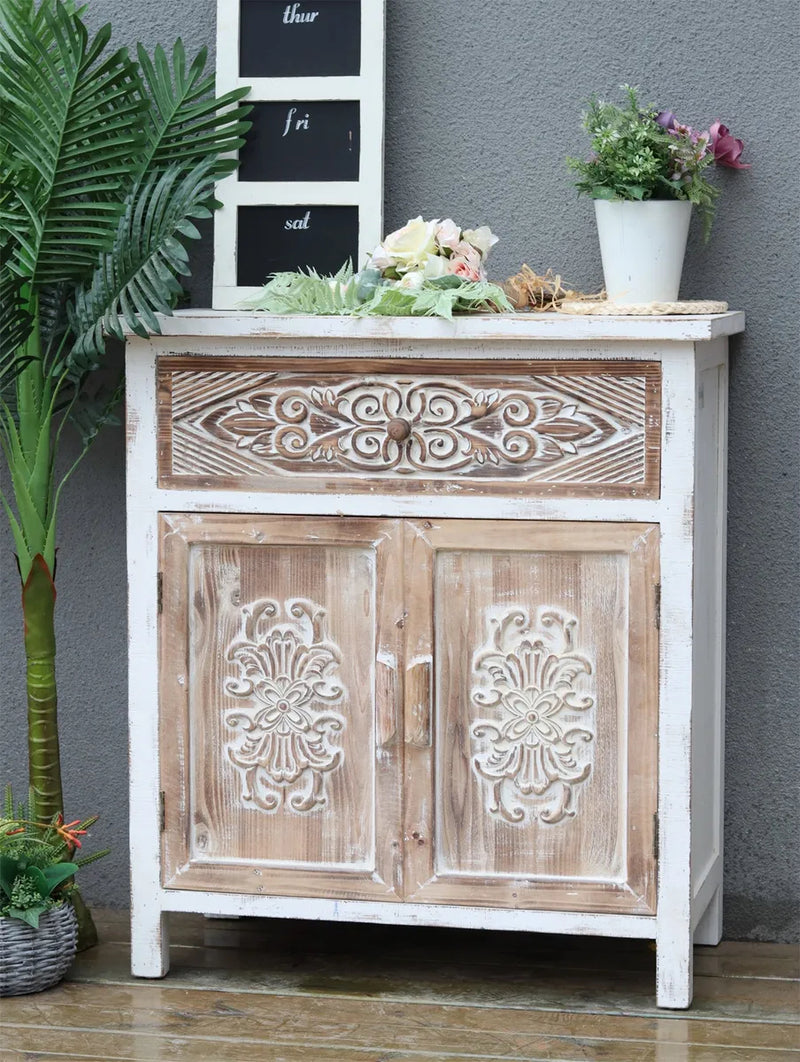 Weathered Wood Cabinet with 1 Drawer and 2 Doors Vintage Accent Storage Chest for Entryway, Living Room