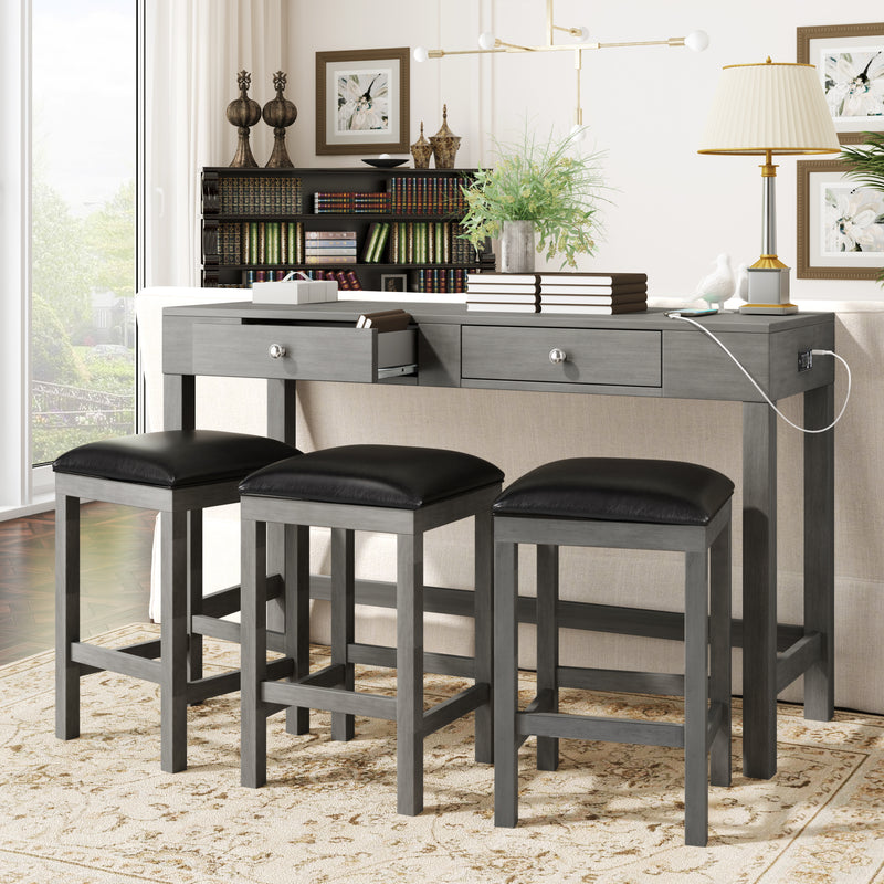 4-Piece Counter Height Table Set with Socket and Leather Padded Stools