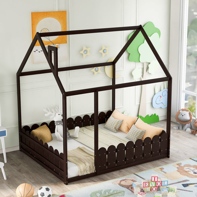 （Slats are not included)  Wood Bed House Bed Frame with Fence, for Kids, Teens, Girls, Boys