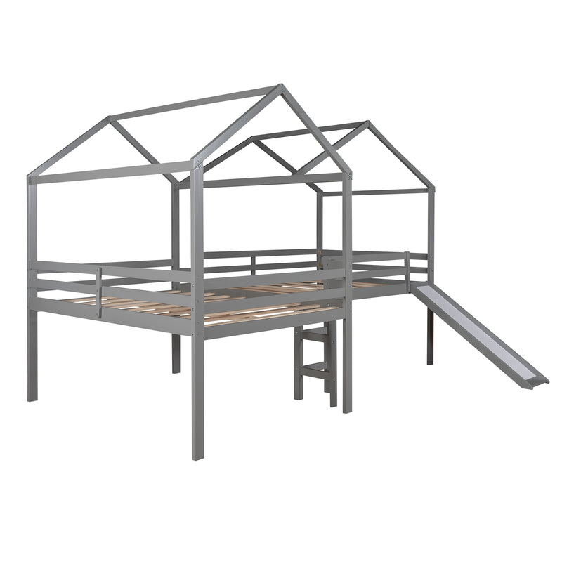 Full size Loft Bed Wood Bed with Roof,Slide,Guardrail,House Bed