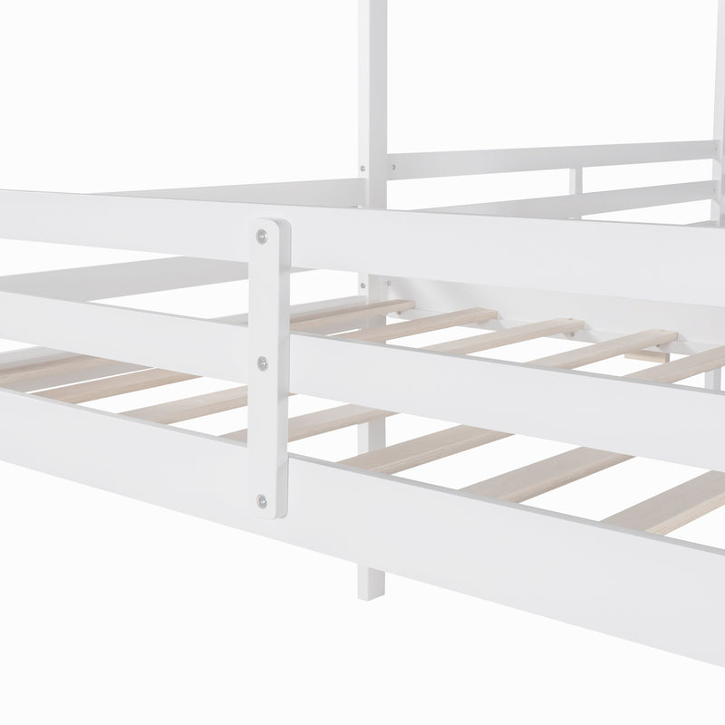 Full size Loft Bed Wood Bed with Roof,Slide,Guardrail,House Bed
