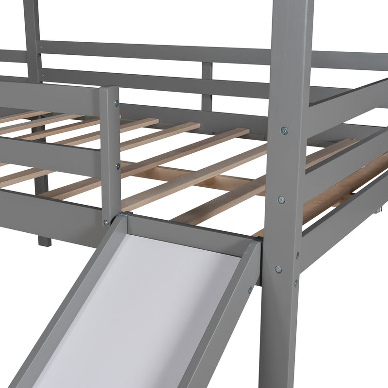 Full size Loft Bed Wood Bed with Roof,Slide,Guardrail,House Bed