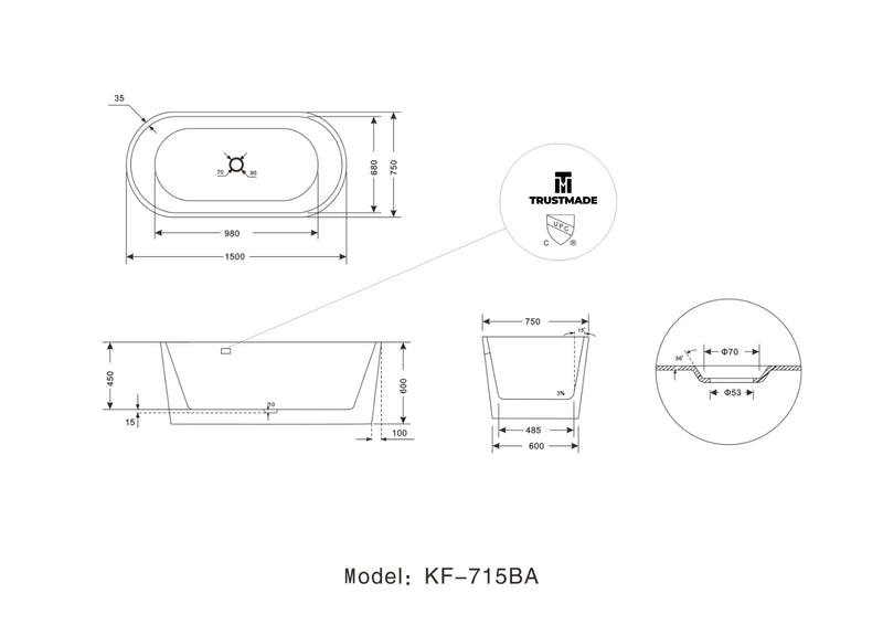 59" 100% Acrylic Freestanding Bathtub Contemporary Soaking Tub with Brushed Nickel Overflow and Drain