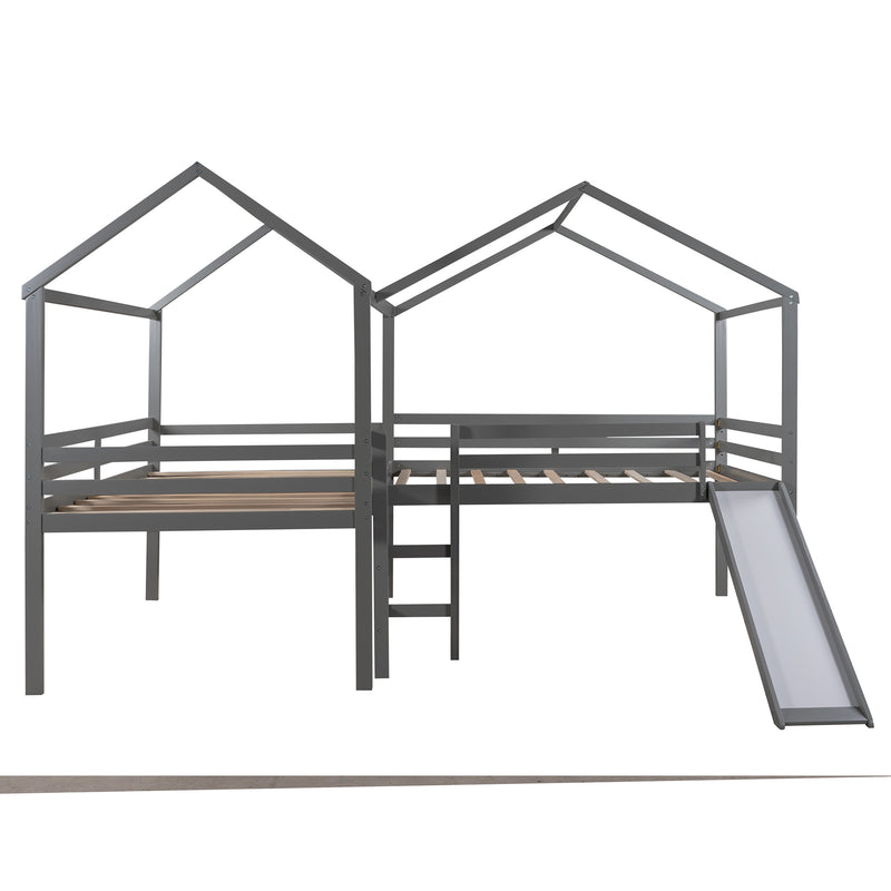 Full size Loft Bed Wood Bed with Roof,Slide,Guardrail,House Bed
