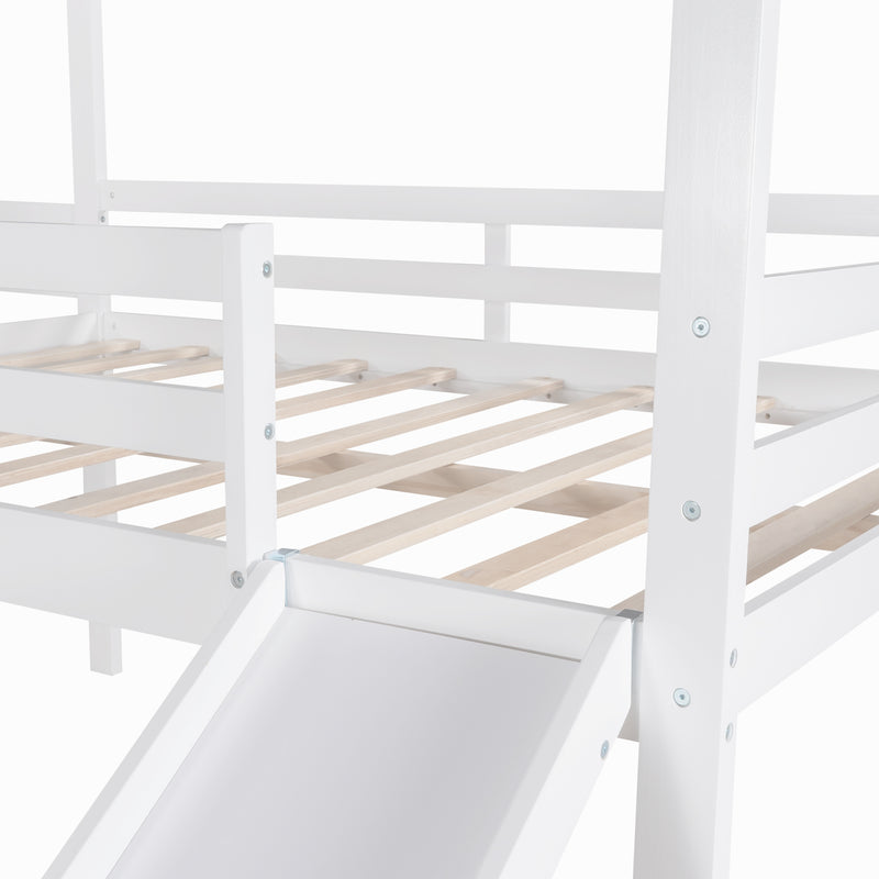 Full size Loft Bed Wood Bed with Roof,Slide,Guardrail,House Bed