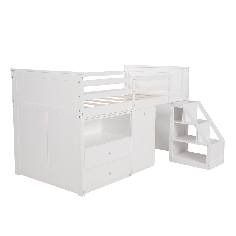 Low Study Twin Size Loft Bed With Storage Steps and Portable Desk,Gray, White