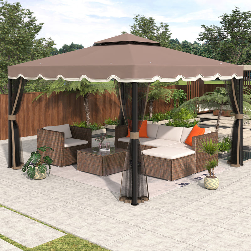 9.8Ft. Wx8.8Ft. H Outdoor Steel Vented Dome Top Patio Gazebo with Netting for Backyard, Poolside and Deck, Brown