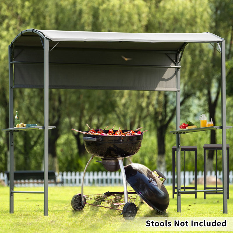 Outdoor 7Ft.Wx6.8Ft.H Steel Double Tiered Backyard Patio BBQ Grill Gazebo with Side Awning, Bar Counters and Hooks, Gray