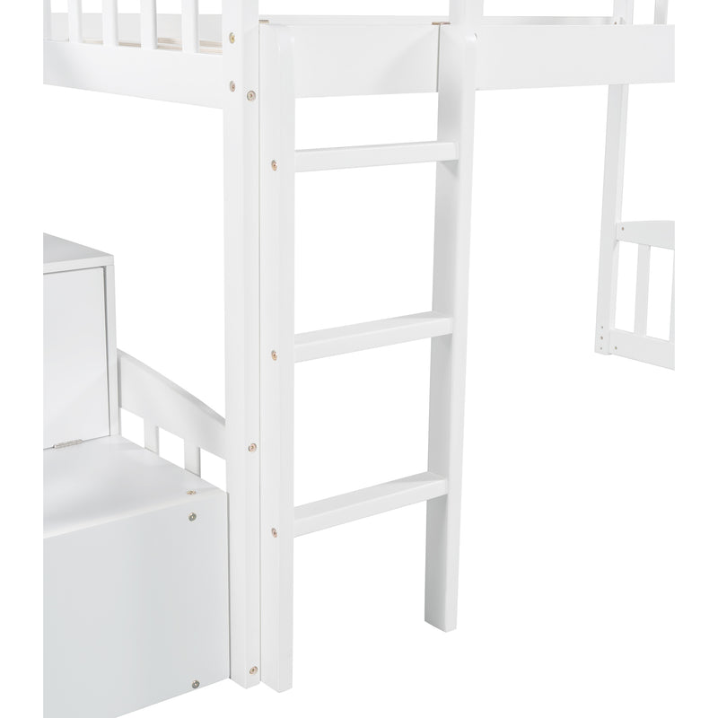 Stairway Twin Size Loft Bed with Two Drawers and Slide, Gray,White