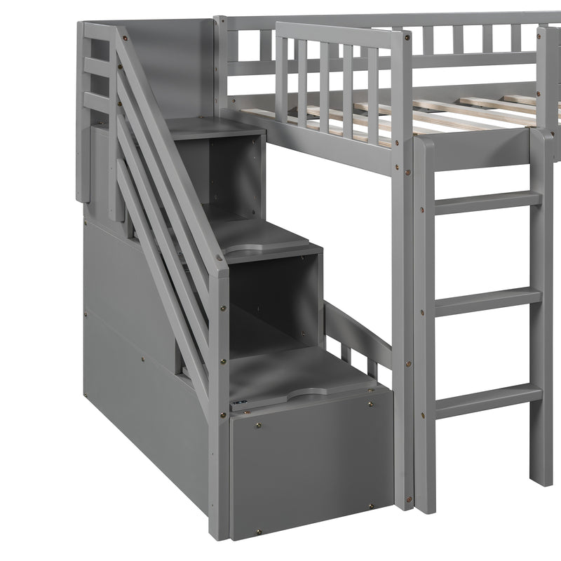 Stairway Twin Size Loft Bed with Two Drawers and Slide, Gray,White