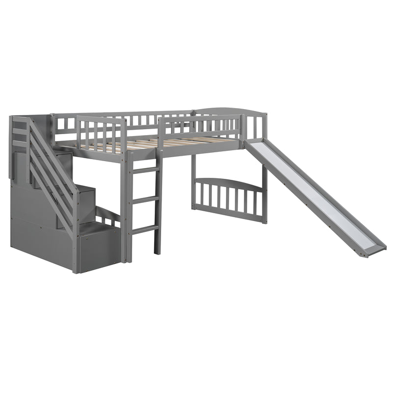 Stairway Twin Size Loft Bed with Two Drawers and Slide, Gray,White