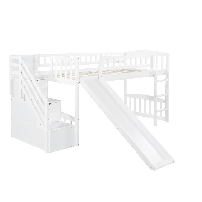 Stairway Twin Size Loft Bed with Two Drawers and Slide, Gray,White