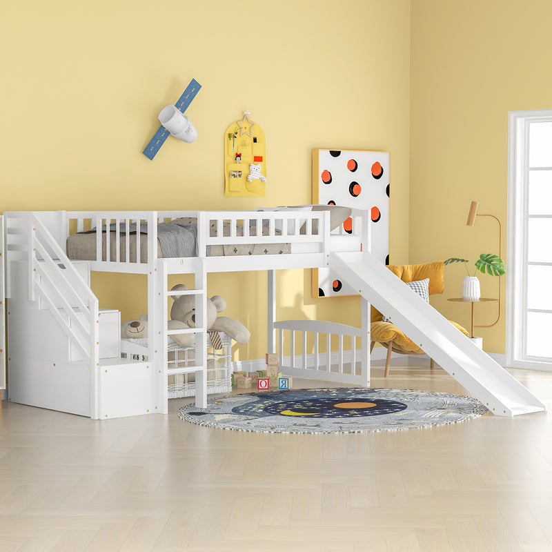 Stairway Twin Size Loft Bed with Two Drawers and Slide, Gray,White