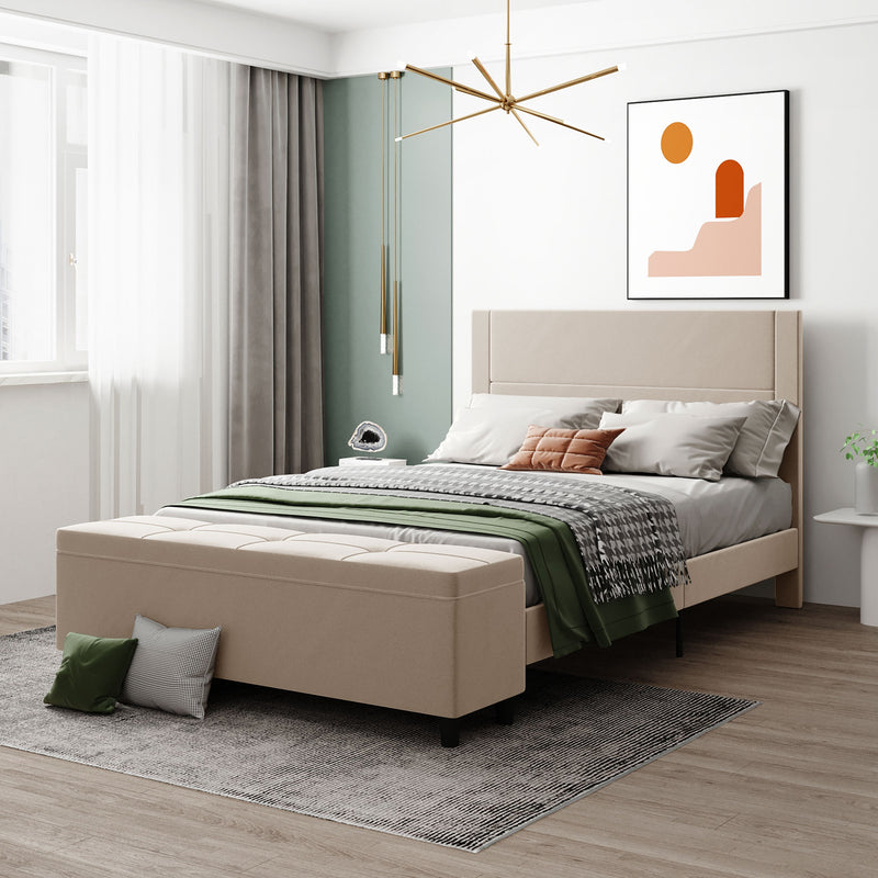 Queen Size Storage Bed Upholstered Platform Bed with a Cushioned Ottoman, Gray,Beige