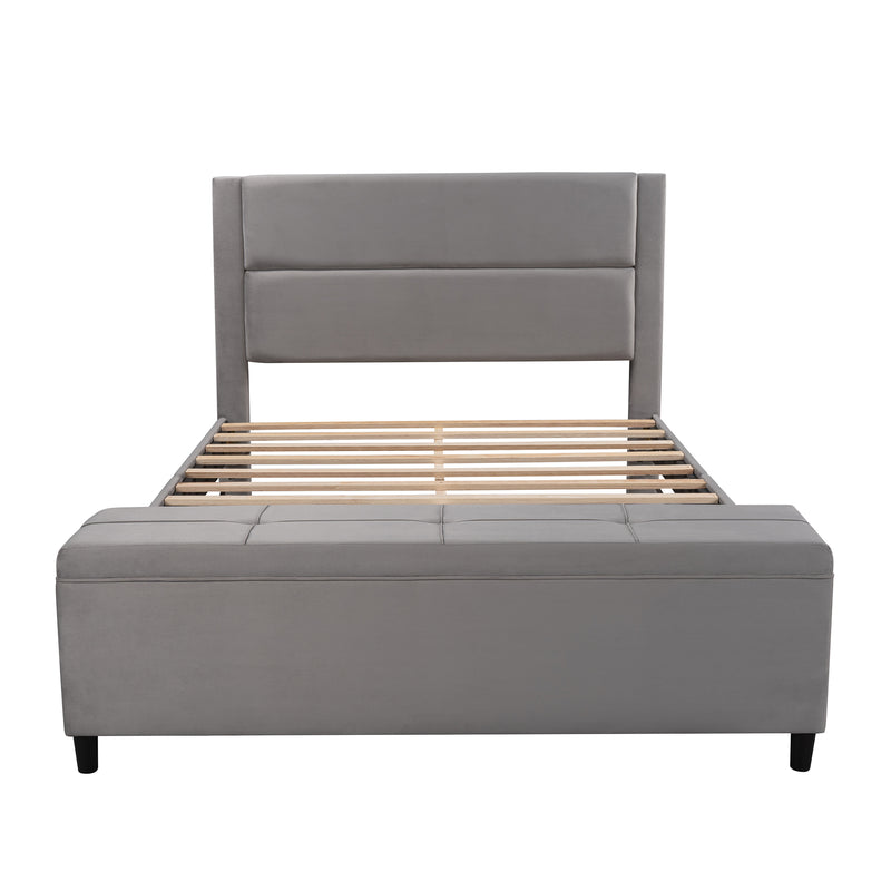 Queen Size Storage Bed Upholstered Platform Bed with a Cushioned Ottoman, Gray,Beige