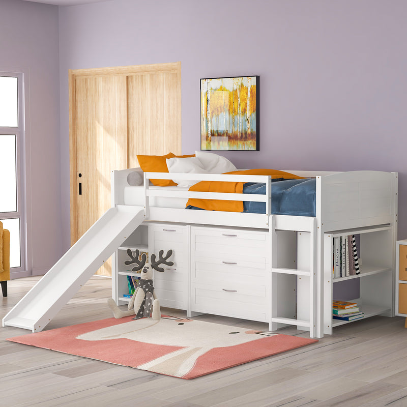 Low Twin Size Loft Bed with Cabinets, Shelves and Slide